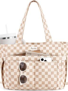 Corduroy Tote Bag for Women, 17 Pockets Laptop Work Tote Bag Lightweight Teacher